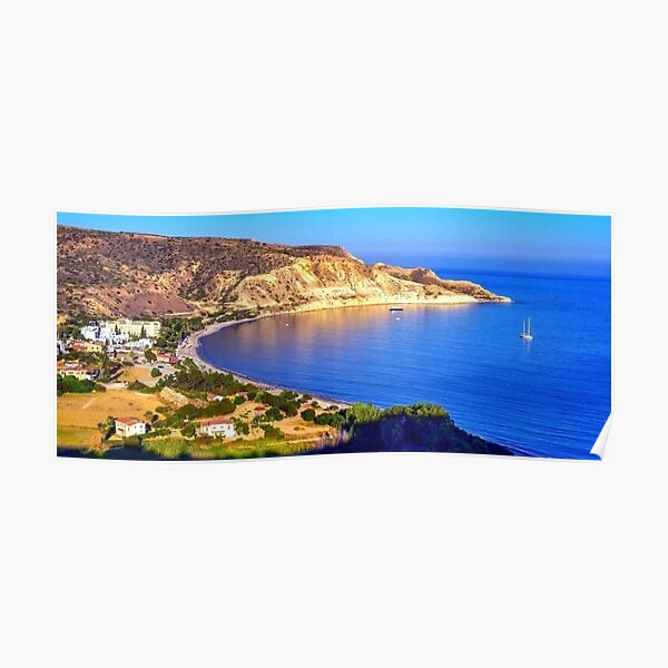 Cyprus Pissouri Bay Panoramic View Photography Mediterranean Sunshine Green Blue Boats Sea Trees Hill Poster