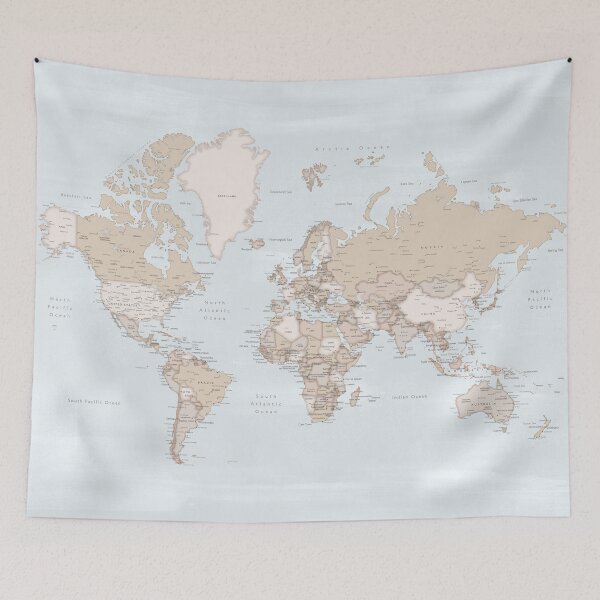 Item preview, Blue and brown detailed world map, Renisha designed and sold by blursbyai.