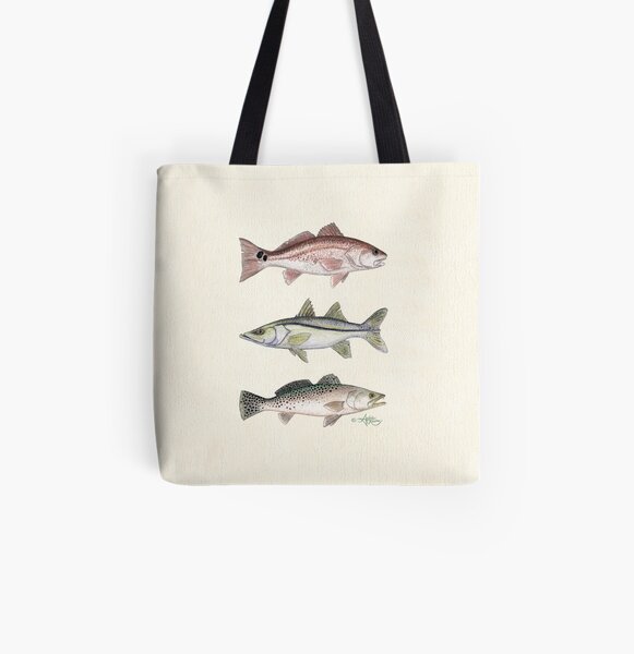 "Inshore Slam" by Amber Marine ~ watercolor redfish, snook, and trout art, © 2013 All Over Print Tote Bag