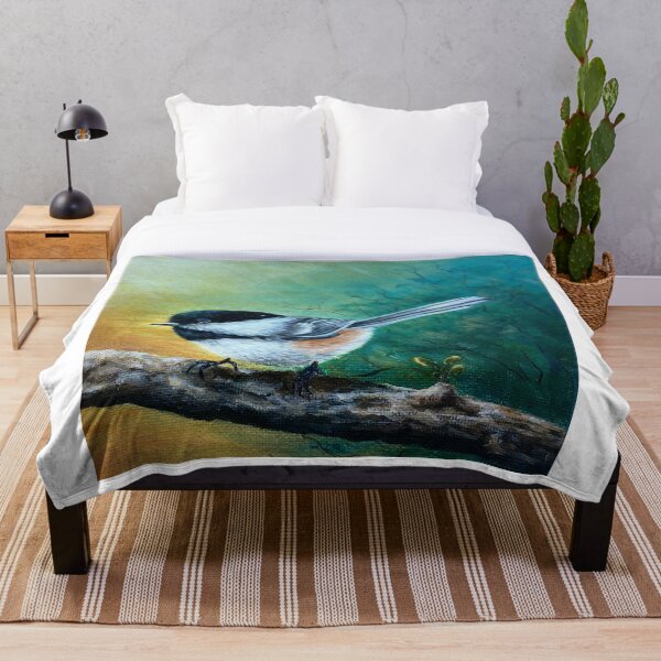 Chickadee Bird Painting branch Throw Blanket