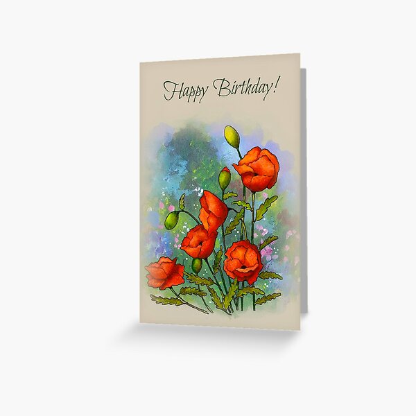 Carte De Vœux Joyeux Anniversaire Coquelicots Sur Bleu Peinture Par Joyce Redbubble
