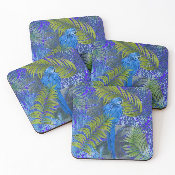 Item preview, Blue parrot on green palm leaves on a blue background. redecorate, nature designed and sold by jayne0524.