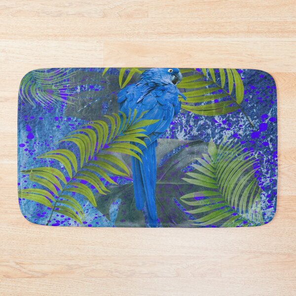 Item preview, Blue parrot on green palm leaves on a blue background. redecorate, nature designed and sold by jayne0524.