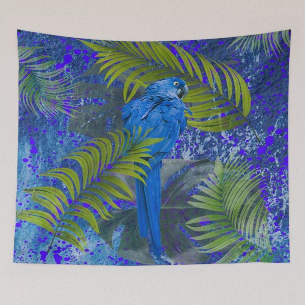 Item preview, Blue parrot on green palm leaves on a blue background. redecorate, nature designed and sold by jayne0524.