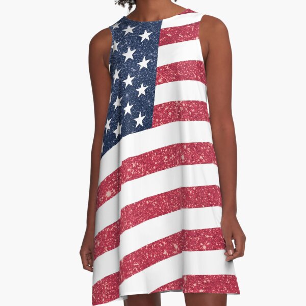 USA American Glitter n Sparkles Flag Fourth of July Independence Day Print A-Line Dress