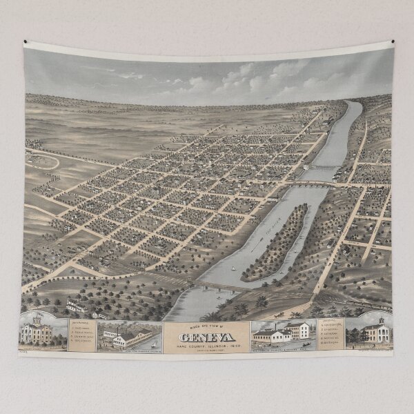Item preview, Vintage Pictorial Map of Geneva IL (1869) designed and sold by BravuraMedia.