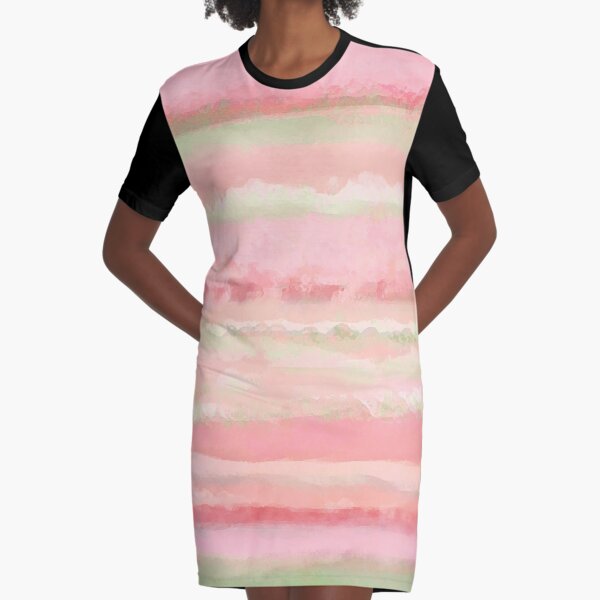 In a Watermelon Mood | Pastel Watercolor Strips Graphic T-Shirt Dress
