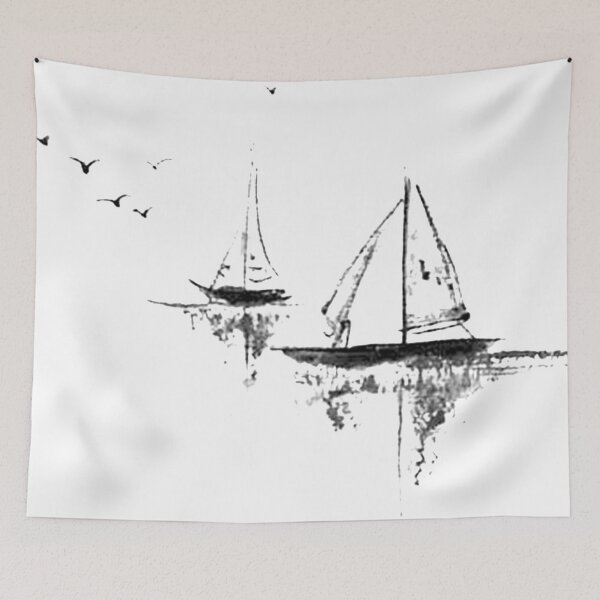 Item preview, Chinese ink painting - lake landscape with boats and birds designed and sold by Kallandra.
