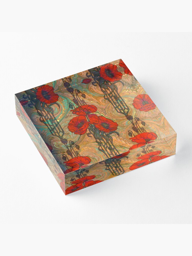 Alternate view of Art Nouveau Poppy Dream IV, Red, Peach, Green and Gold Acrylic Block