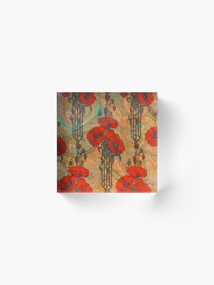 Alternate view of Art Nouveau Poppy Dream IV, Red, Peach, Green and Gold Acrylic Block