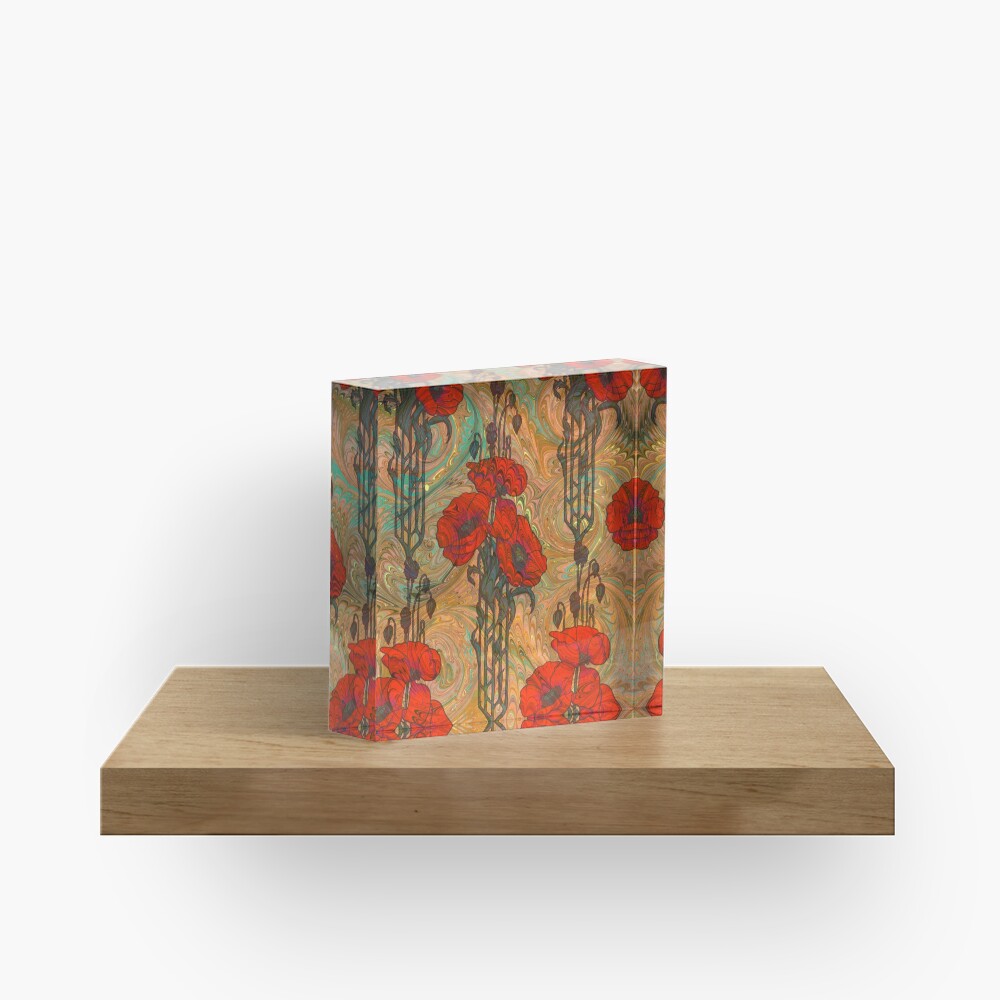 Art Nouveau Poppy Dream IV, Red, Peach, Green and Gold Acrylic Block