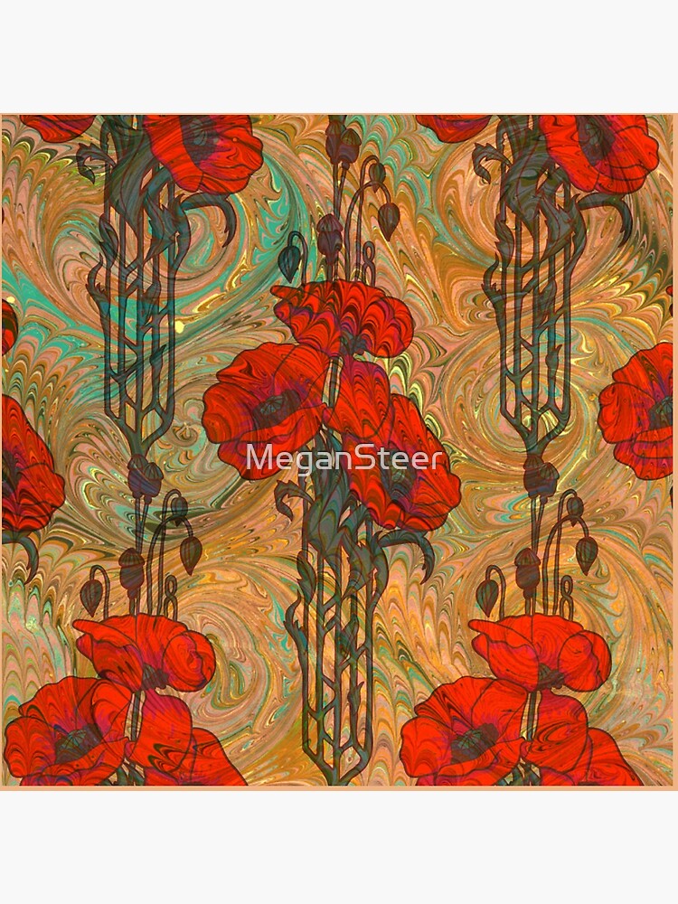 Art Nouveau Poppy Dream IV, Red, Peach, Green and Gold by MeganSteer