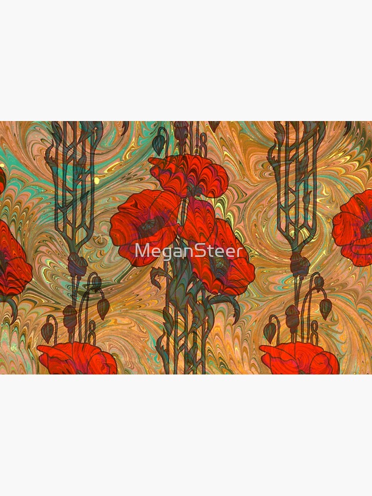 Art Nouveau Poppy Dream IV, Red, Peach, Green and Gold by MeganSteer