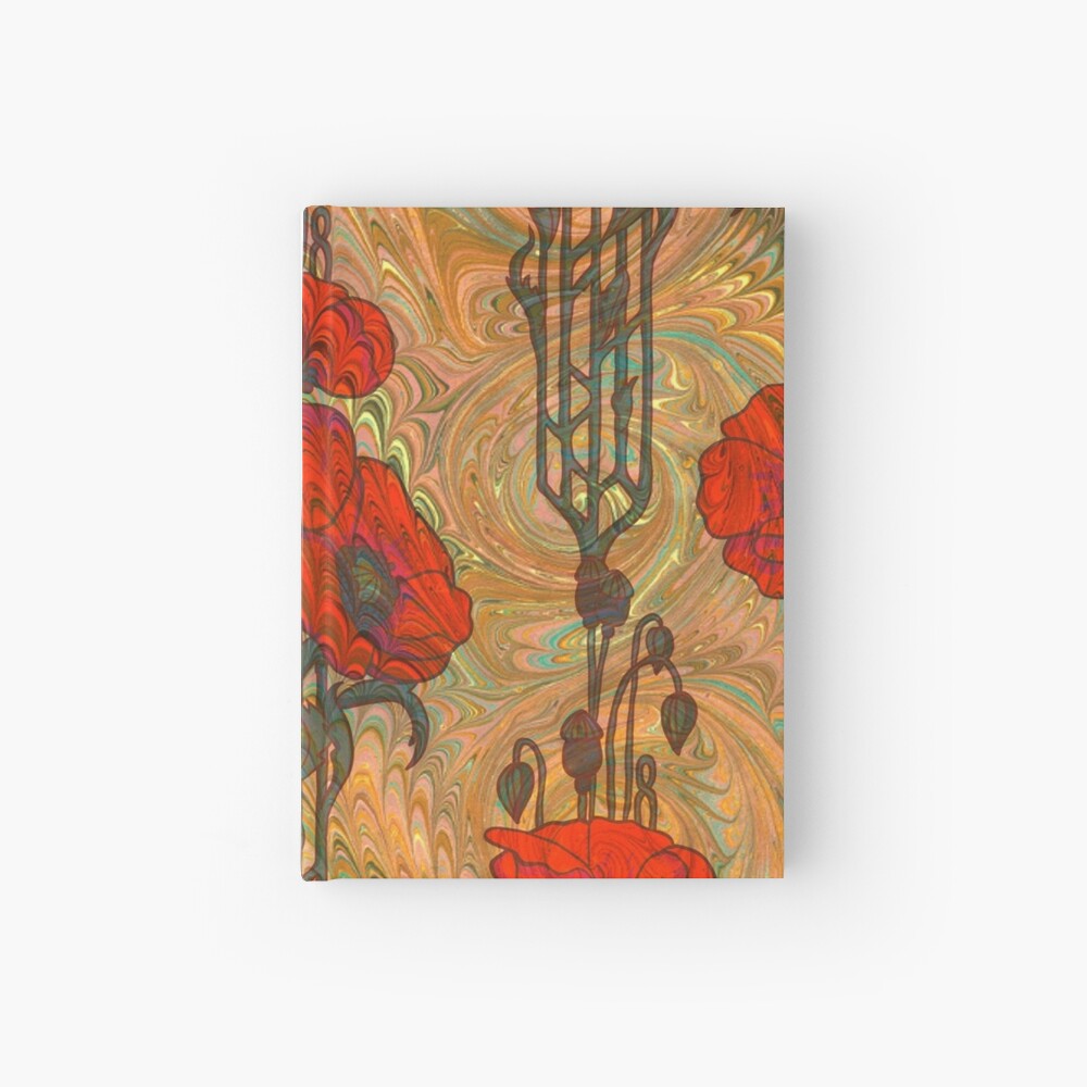 Art Nouveau Poppy Dream IV, Red, Peach, Green and Gold Hardcover Journal