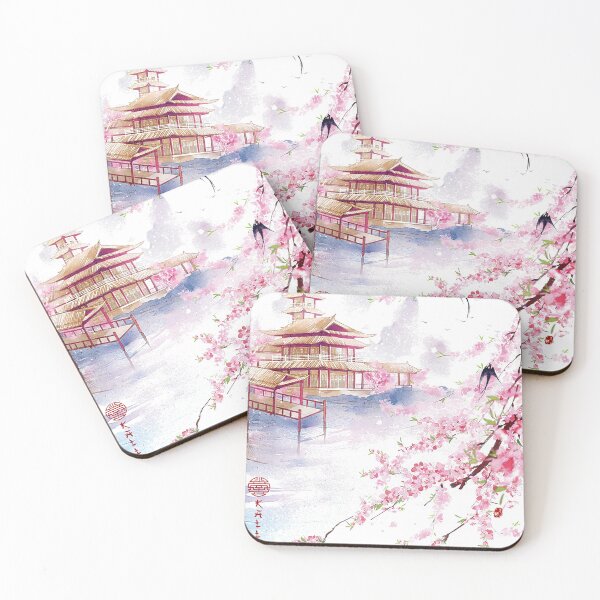 Item preview,  Temple and gate. pink winter plum blossoms with swallows. designed and sold by Kallandra.