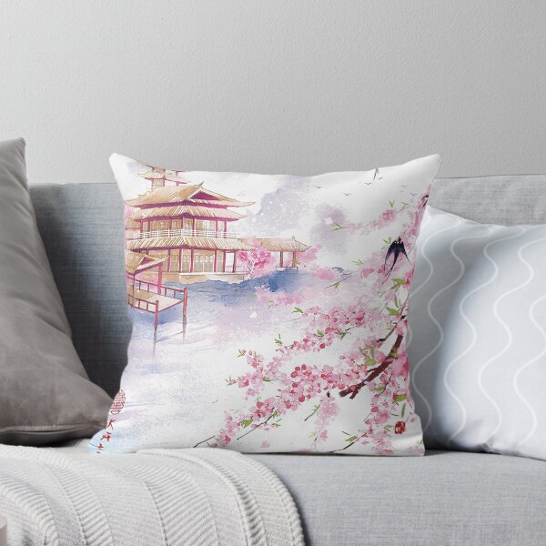 Item preview,  Temple and gate. pink winter plum blossoms with swallows. designed and sold by Kallandra.