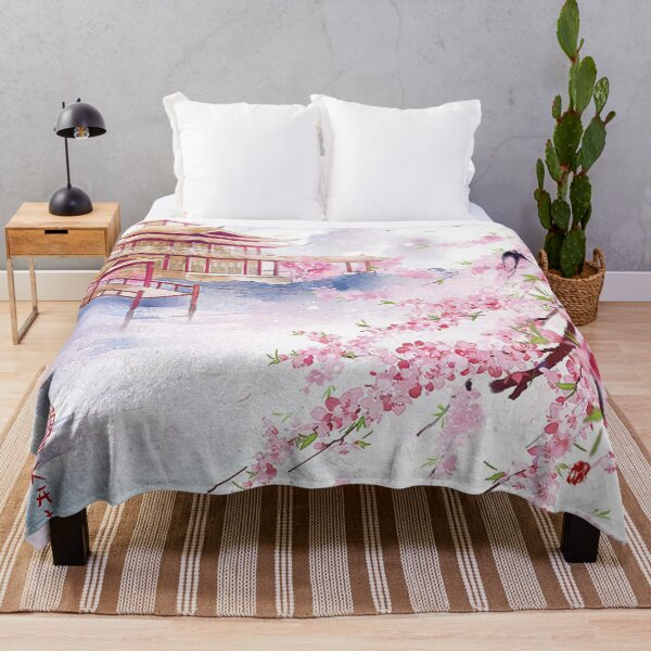 Item preview, Temple and gate. pink winter plum blossoms with swallows. designed and sold by Kallandra.