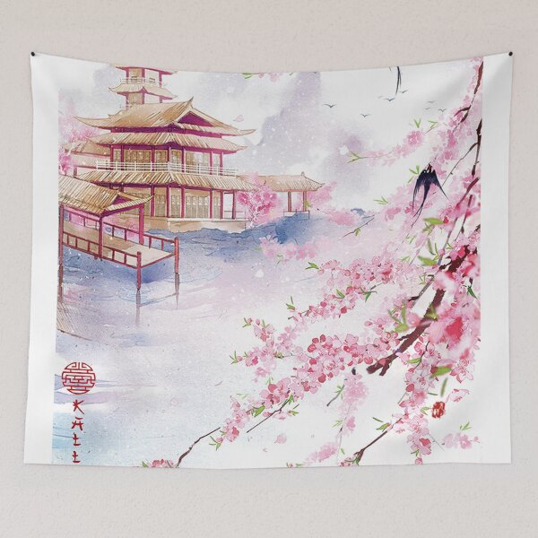 Item preview,  Temple and gate. pink winter plum blossoms with swallows. designed and sold by Kallandra.