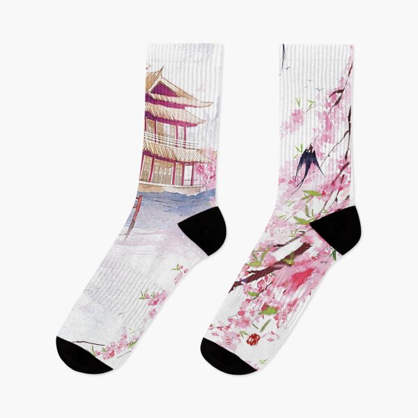 Item preview,  Temple and gate. pink winter plum blossoms with swallows. designed and sold by Kallandra.