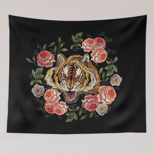 Item preview, Embroidery tiger head and flowers designed and sold by matrioshka.