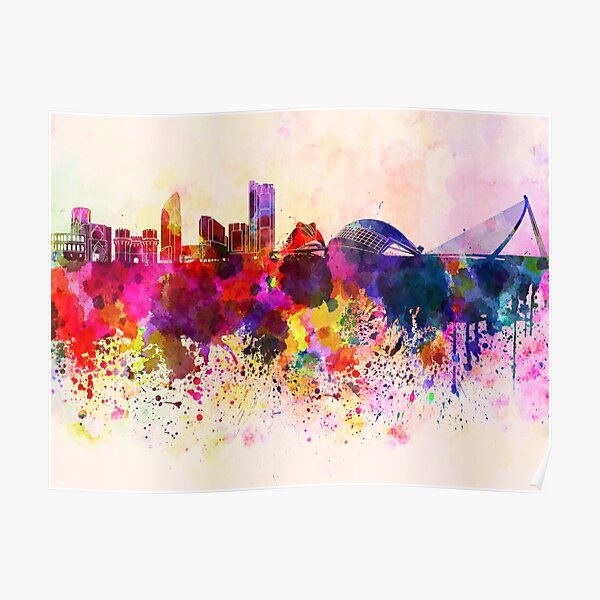 Valencia skyline in watercolor background Poster