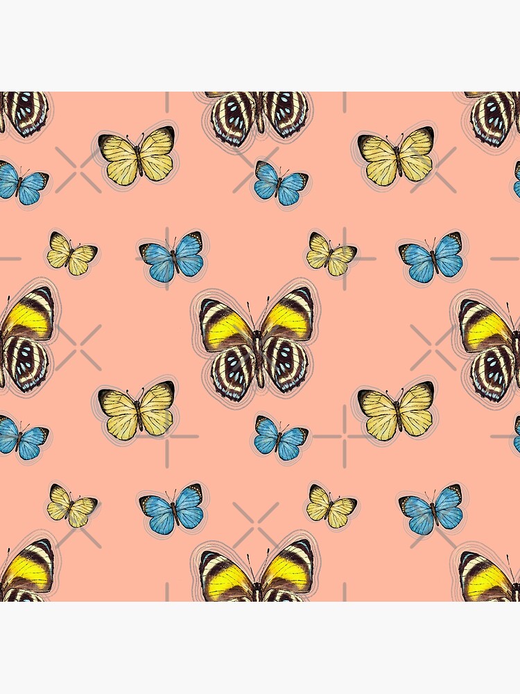 Trio Yellow & Blue butterflies in peach by ebozzastudio
