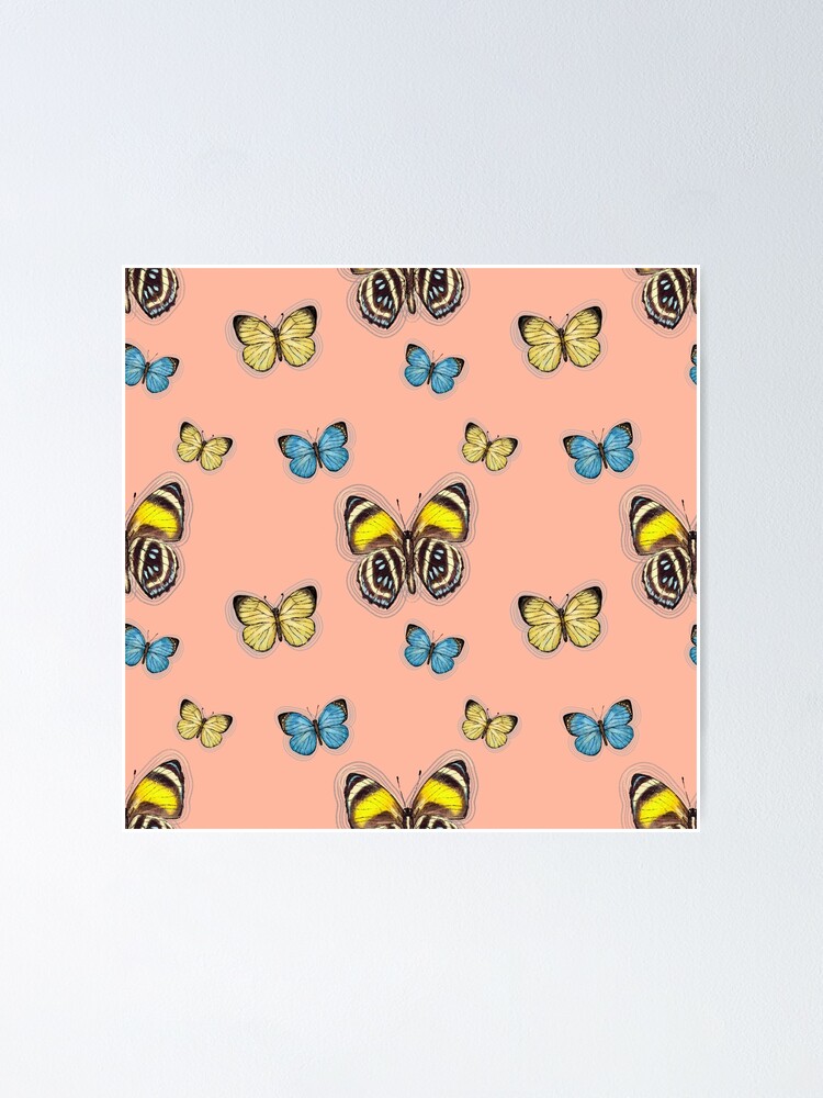 Alternate view of Trio Yellow & Blue butterflies in peach Poster
