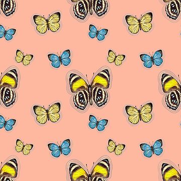 Artwork thumbnail, Trio Yellow & Blue butterflies in peach by ebozzastudio