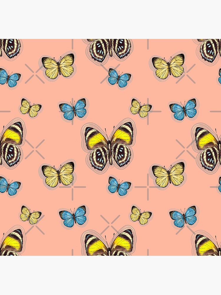 Thumbnail 3 of 3, Sticker, Trio Yellow & Blue butterflies in peach designed and sold by ebozzastudio.