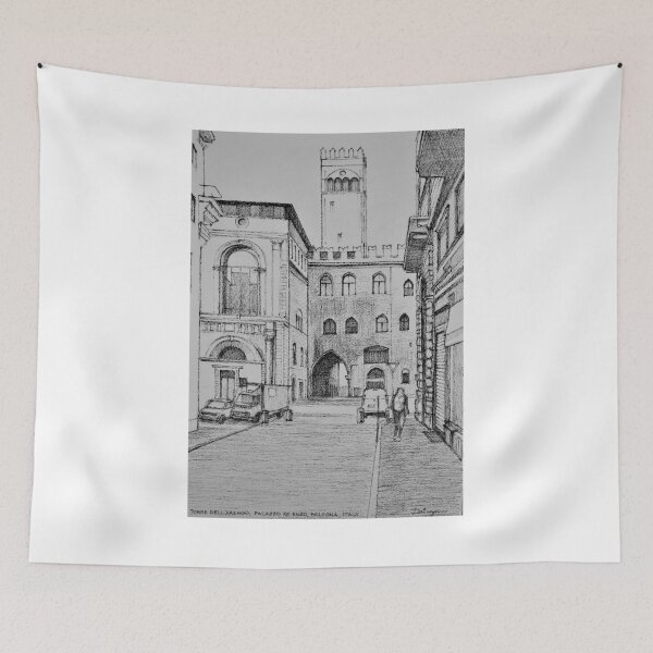 Artikelvorschau, Italien. Gezeichnet auf 300 g / m² Arches Aquarellpapier. 42 cm hoch, 29,7 cm breit und 0,1 cm tief. A3 Standardgröße. Anscheinend gab es in dieser alten Hauptstadt der Emilia-Romagna einmal mehr als 100 Türme. Jetzt sind es nur noch zweiundzwanzig entworfen und verkauft von Dai Wynn Fine Art.