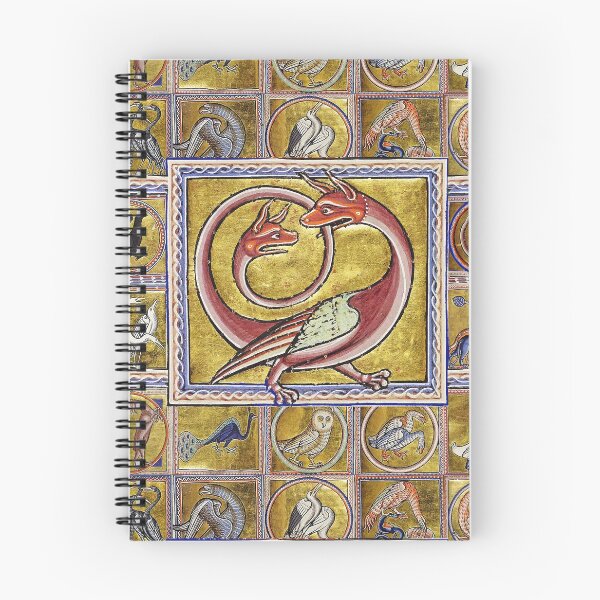 Item preview, MEDIEVAL BESTIARY,TWO HEADED RED DRAGON, FANTASTIC ANIMALS IN GOLD RED BLUE COLORS designed and sold by BulganLumini.