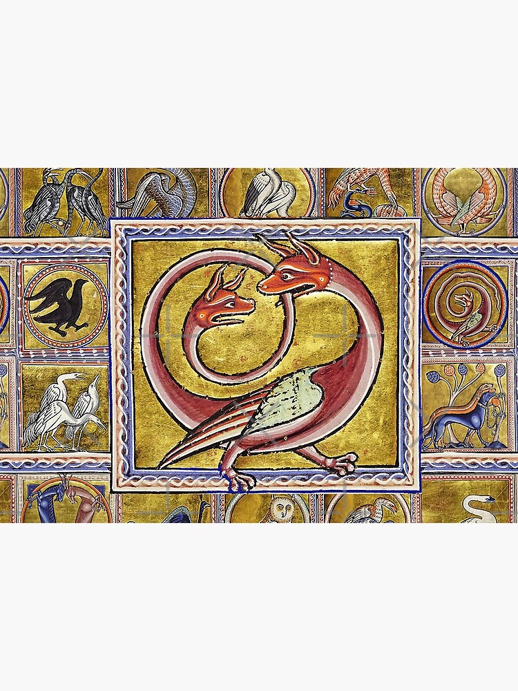 MEDIEVAL BESTIARY,TWO HEADED RED DRAGON, FANTASTIC ANIMALS IN GOLD RED BLUE COLORS by BulganLumini