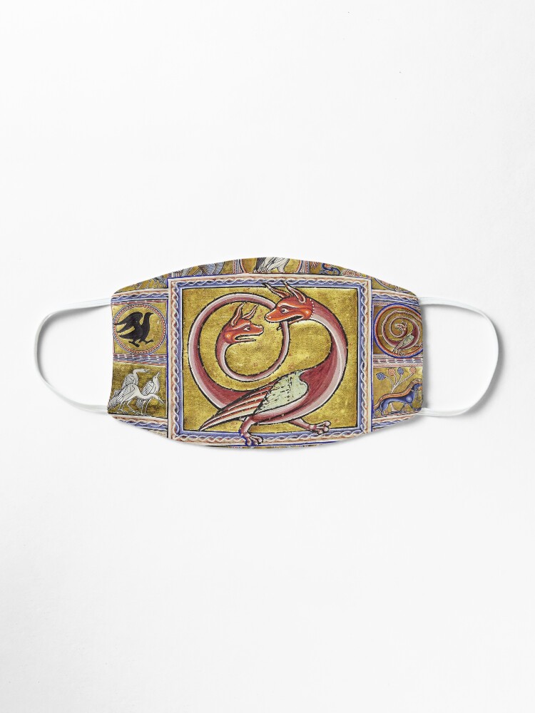 Alternate view of MEDIEVAL BESTIARY,TWO HEADED RED DRAGON, FANTASTIC ANIMALS IN GOLD RED BLUE COLORS Mask