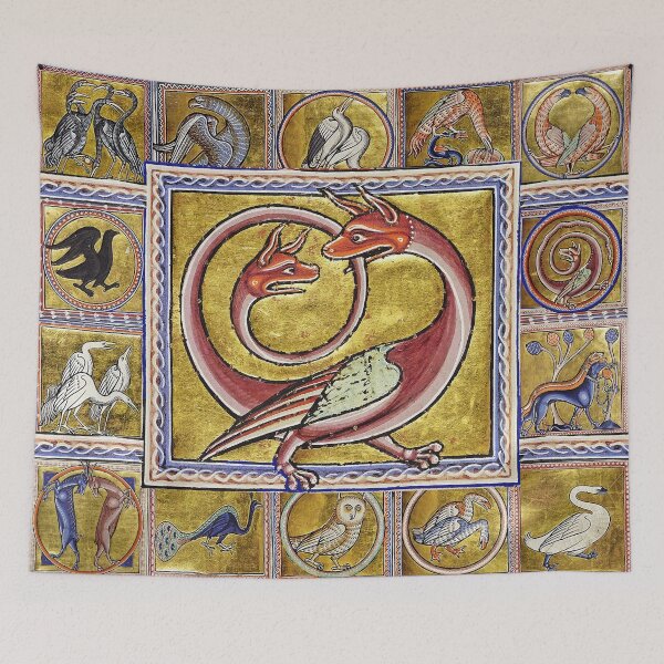 Item preview, MEDIEVAL BESTIARY,TWO HEADED RED DRAGON, FANTASTIC ANIMALS IN GOLD RED BLUE COLORS designed and sold by BulganLumini.