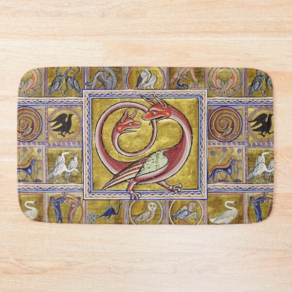 Item preview, MEDIEVAL BESTIARY,TWO HEADED RED DRAGON, FANTASTIC ANIMALS IN GOLD RED BLUE COLORS designed and sold by BulganLumini.
