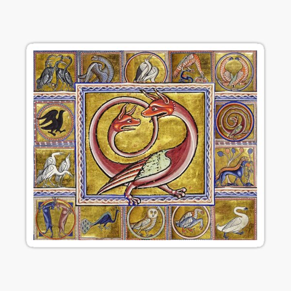 Vista previa del artículo con la obra «BESTIARIO MEDIEVAL, DRAGÓN ROJO DE DOS CABEZAS, ANIMALES FANTÁSTICOS EN COLORES ORO ROJO AZUL», diseñado y vendido por BulganLumini.