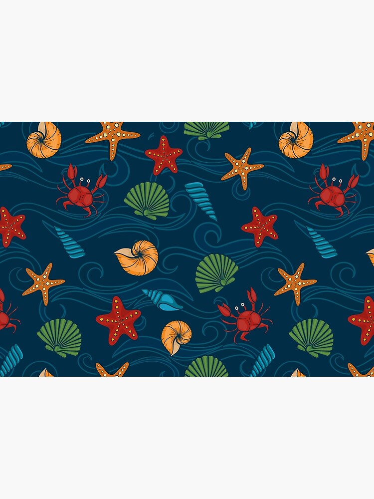 hand draw underwater background. Seashell, crab and starfish on