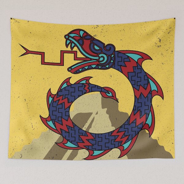 Item preview, Aztec Tribal snake dragon circle Red blue and turquoise on top of a pyramid designed and sold by Jake Purcell.