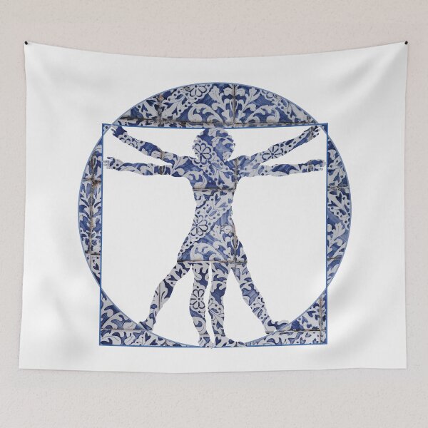 Item preview, The Vitruvian Man Meets Portuguese Tiles - Azulejo Blue and White designed and sold by idovedesign.