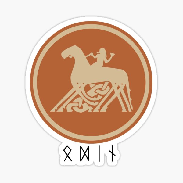 Odin riding on his horse Sleipnir - with Runic text Sticker