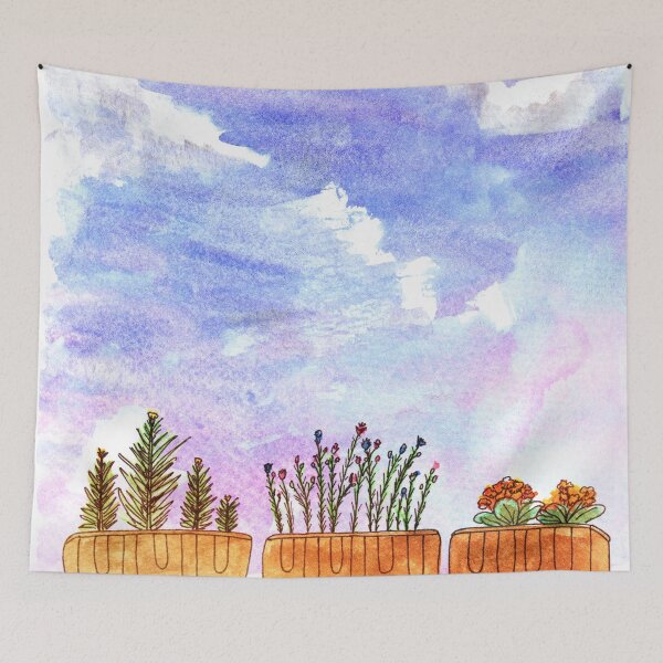 Item preview, Watercolors | Balcony with flowers and blue sky designed and sold by wunderfamily.
