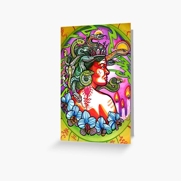 medusa with orchids, candles and lightning. Greeting Card