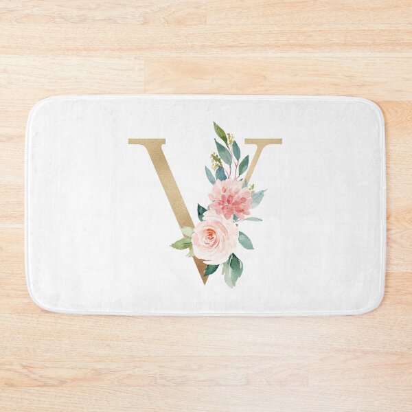 Artikelvorschau, Monogrammbuchstabe V - Kunstgoldfolie und rosa-weiße Blumen und grüne Blätter entworfen und verkauft von Citronelladesig.