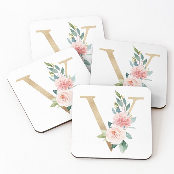 Item preview, Monogram letter V - Faux gold foil and pink and white flowers and green leaves designed and sold by Citronelladesig.