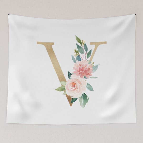 Artikelvorschau, Monogrammbuchstabe V - Kunstgoldfolie und rosa-weiße Blumen und grüne Blätter entworfen und verkauft von Citronelladesig.