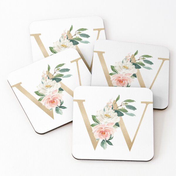 Item preview, Monogram letter W - Faux gold foil and pink and white flowers and green leaves designed and sold by Citronelladesig.