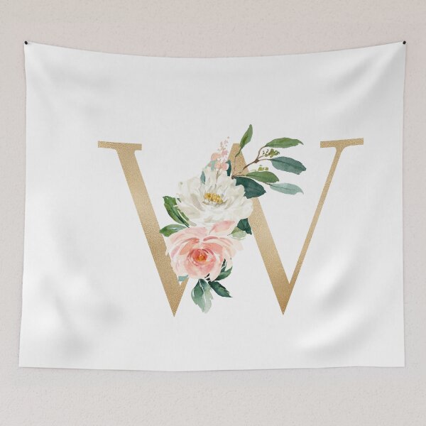 Item preview, Monogram letter W - Faux gold foil and pink and white flowers and green leaves designed and sold by Citronelladesig.