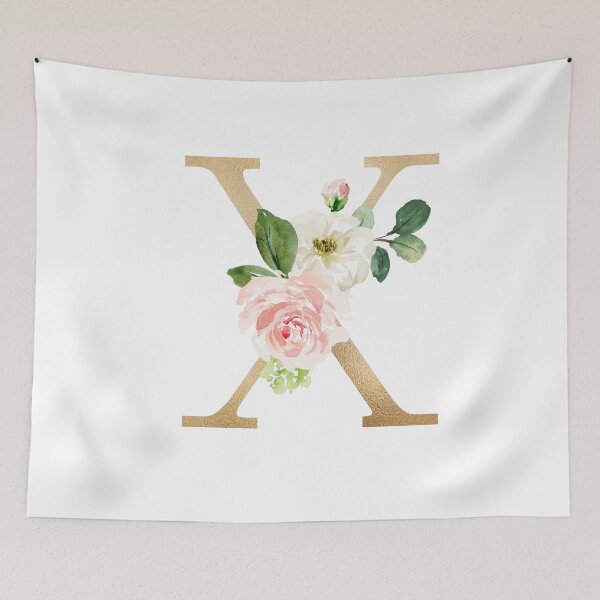 Item preview,  Monogram letter X - Faux gold foil and pink and white flowers and green leaves designed and sold by Citronelladesig.