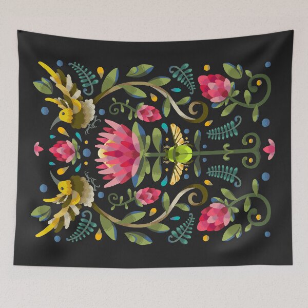 Item preview, Dark Protea Flower with Sugarbird and Green Beetle designed and sold by maak-and-illy.