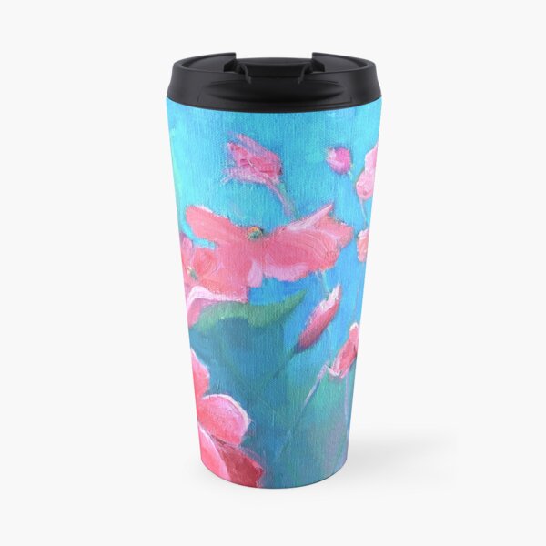 Painting of pink impatiens flowers on blue background Travel Mug